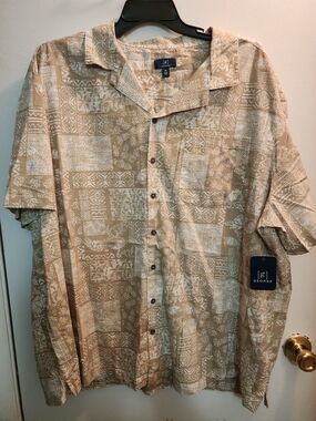 George Beige and White Patterned Short-Sleeve Button-Up Shirt